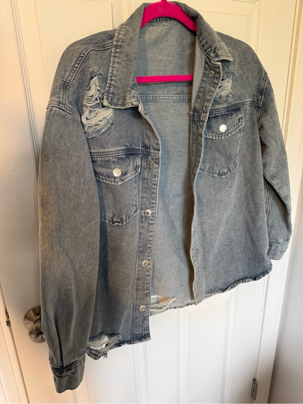 Women's Distressed Denim Jacket - Light Blue